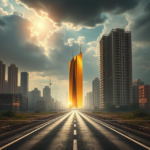 Straße die zu einer Skyline hinführt und aufzeigt, dass offene Immobilienfonds unter Druck stehen