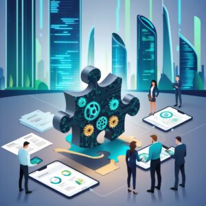 Puzzlestück KI in Immobilienwelt, Effizienzsteigerung, Einstellungen. KI-Risikoanalyse im Immobiliensektor