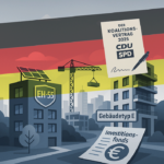 Bild mehrerer Häuser und der Koalitionsvertrag 2025