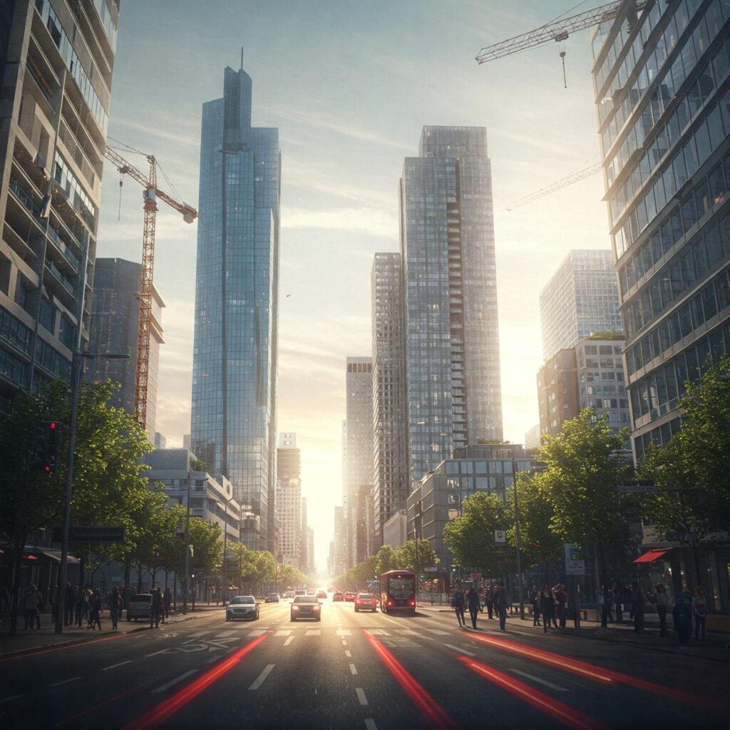 Future, Zukunft, City, Straße, Immobilien, Wolkenkratzer