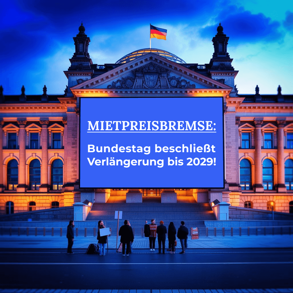 Mietpreisbremse - Bundestag am Abend mit großer Anzeige, auf der steht: Bundestag beschließt Verlängerung bis 2029!