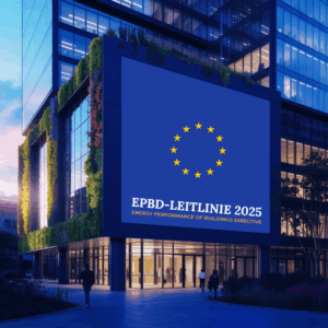 EU-Gebäuderichtlinie (EPBD) 2025 – Neubau mit großer Anzeigetafel mit der Aufschrift EPBD
