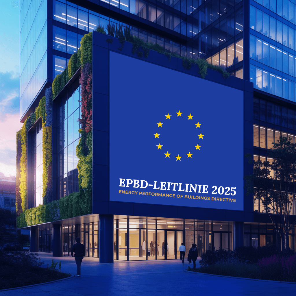 EU-Gebäuderichtlinie (EPBD) 2025 – Neubau mit großer Anzeigetafel mit der Aufschrift EPBD