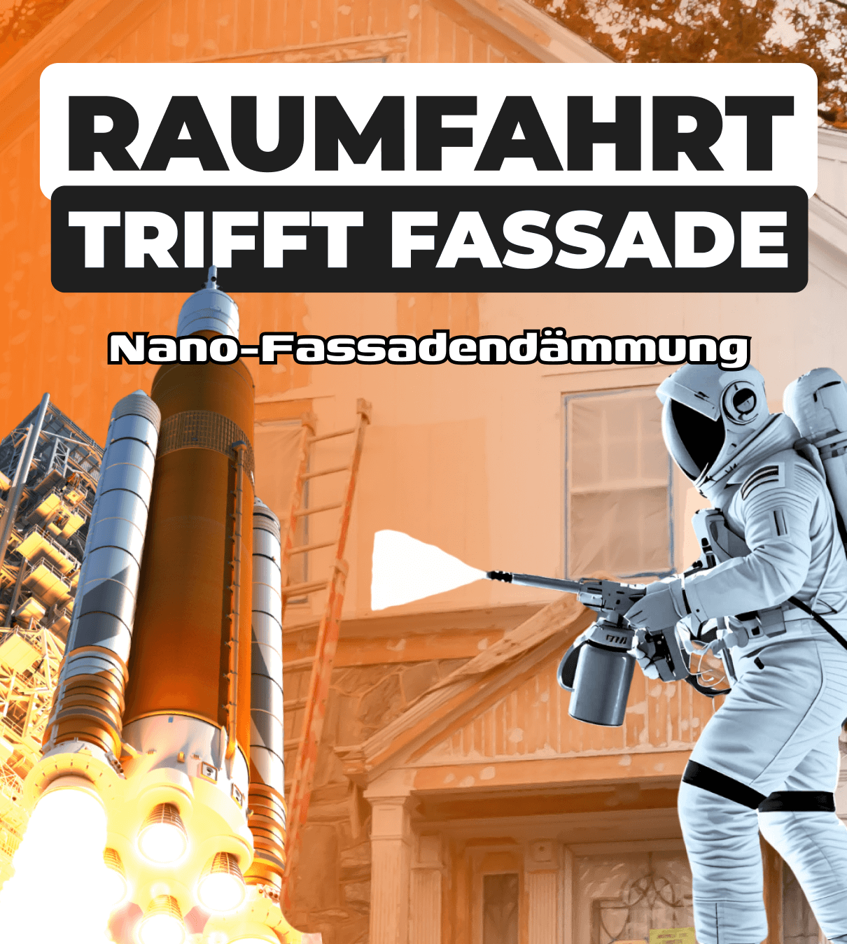 Nanodämmung Fassade – Astronaut streicht Fassade mit Airless-Spritzgerät