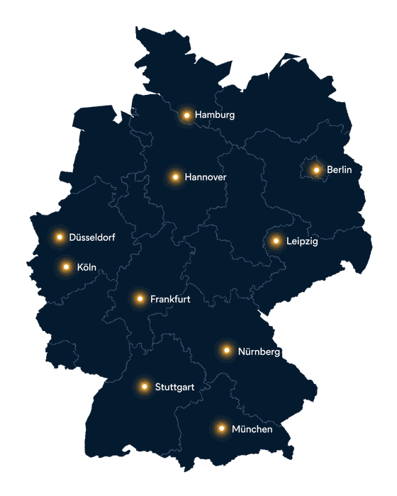 Karte von Deutschland mit zehn markierten Städten: Hamburg, Berlin, Hannover, Düsseldorf, Köln, Leipzig, Frankfurt, Nürnberg, Stuttgart und München